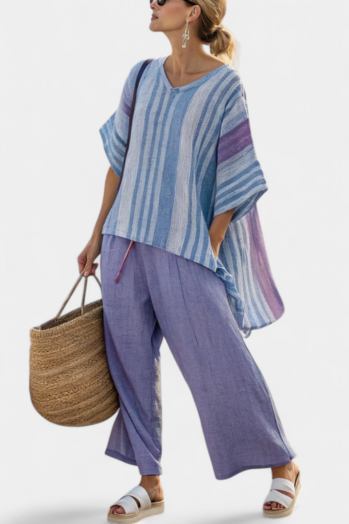 Jolene | Elegant Lavender & Sky Blue Top & Linen Trousers