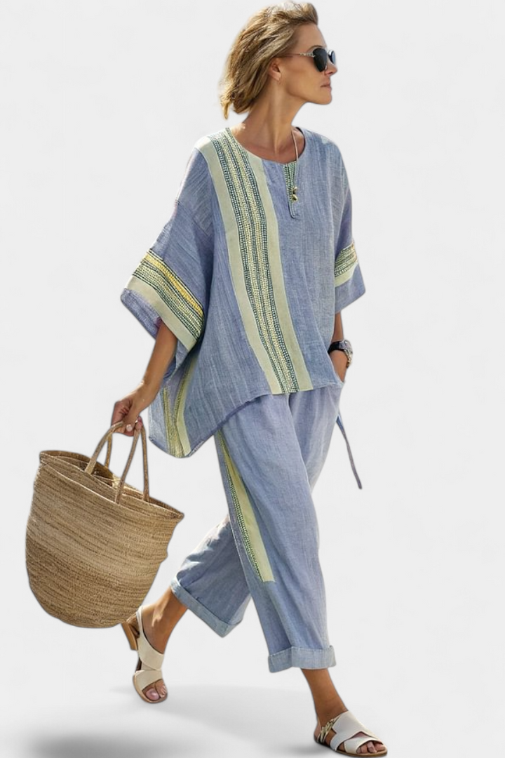 Marsha | Elegant Lavender Top & Mustard Striped Trousers