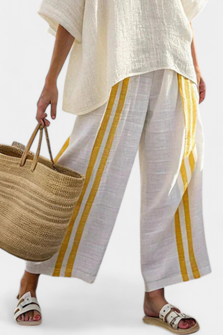 Joelle | Elegant Yellow Striped Linen Top & Wide-Leg Trousers