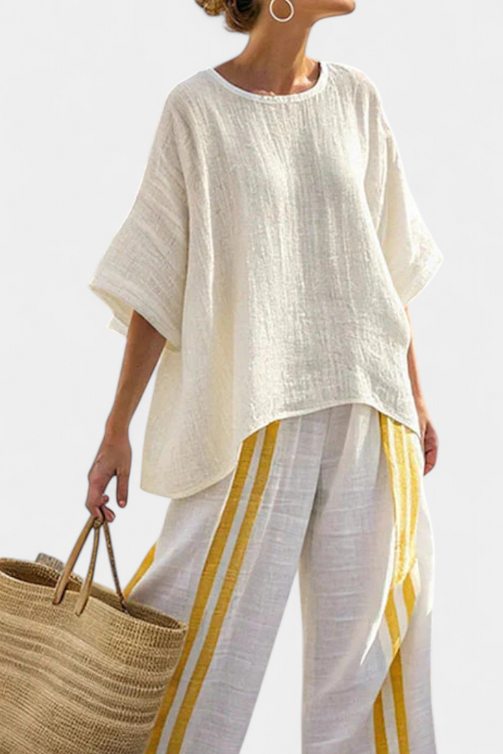 Joelle | Elegant Yellow Striped Linen Top & Wide-Leg Trousers