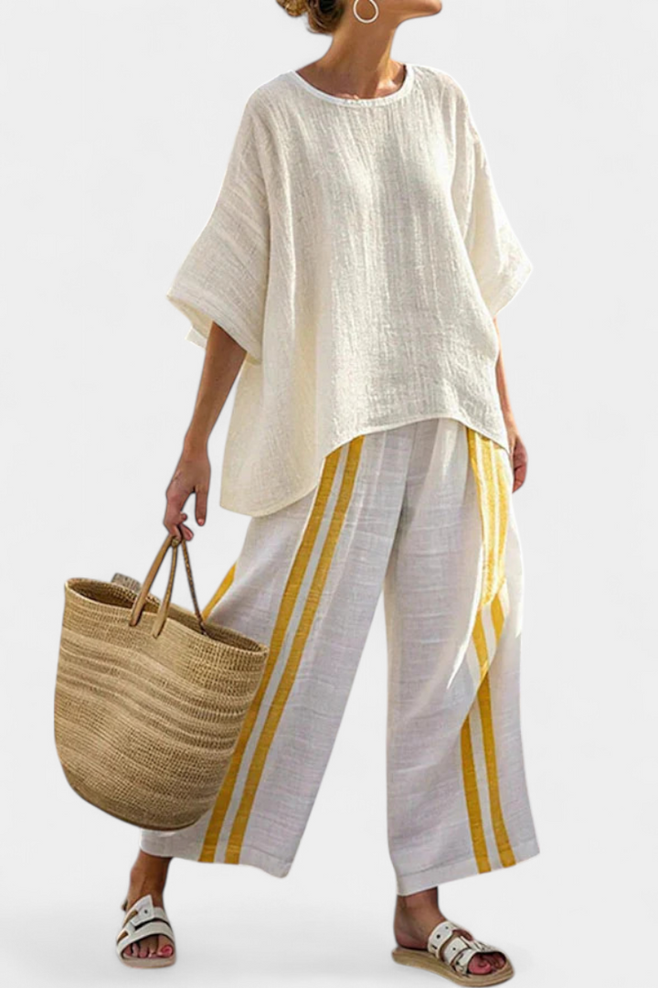 Joelle | Elegant Yellow Striped Linen Top & Wide-Leg Trousers