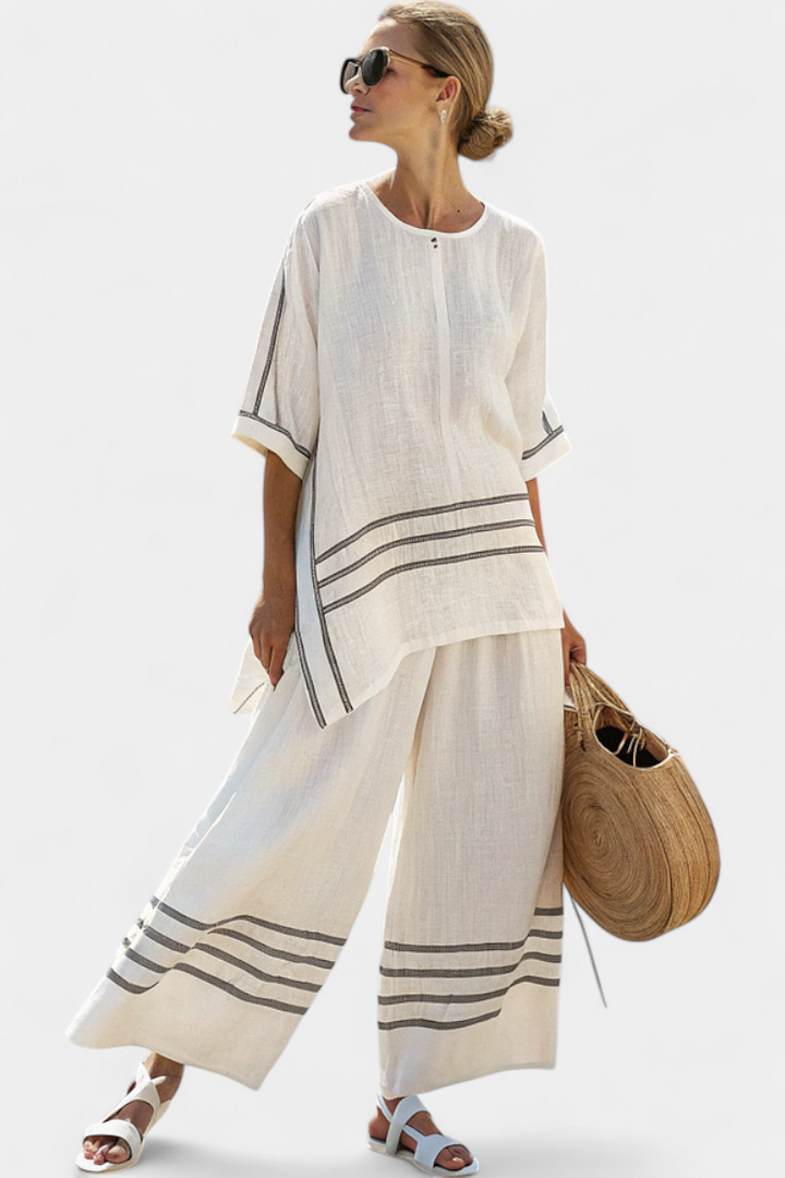 Adelyn | Sophisticated Striped Asymmetrical Top & Bold Trousers