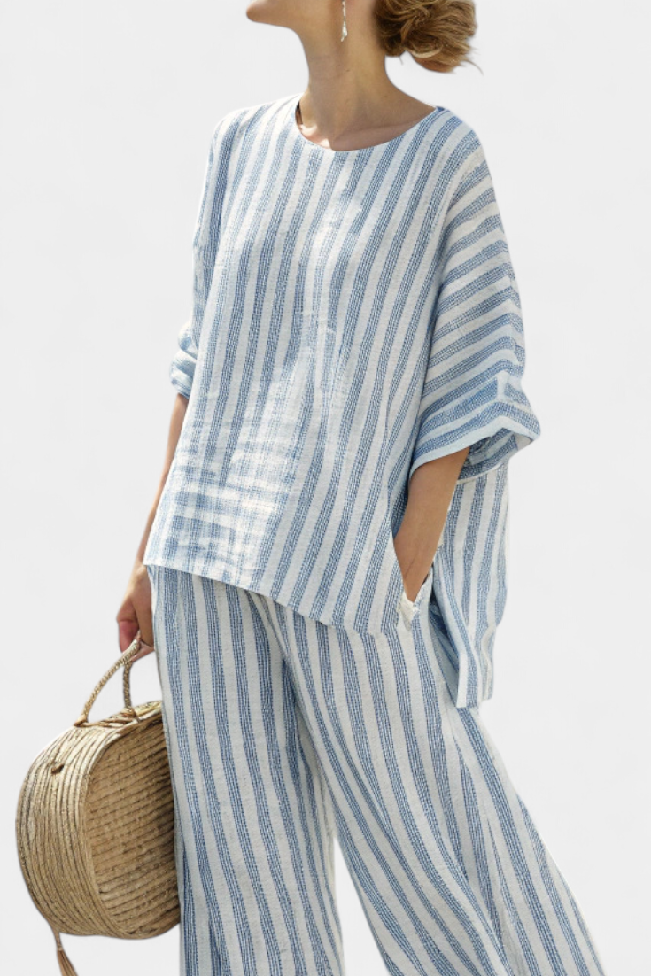 Kalea | Sophisticated Blue Striped Linen Top & Relaxed Trousers