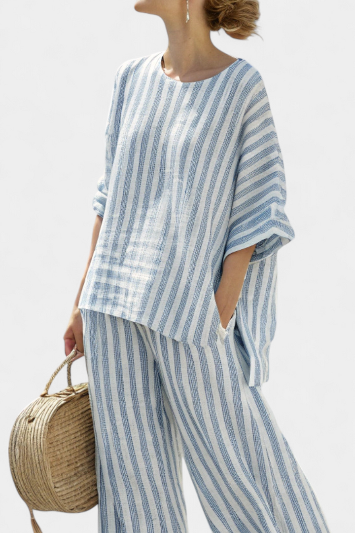 Kalea | Sophisticated Blue Striped Linen Top & Relaxed Trousers