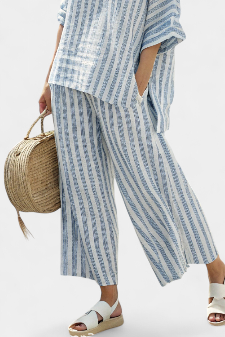 Kalea | Sophisticated Blue Striped Linen Top & Relaxed Trousers