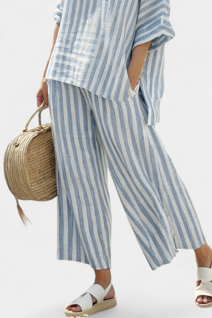 Kalea | Sophisticated Blue Striped Linen Top & Relaxed Trousers