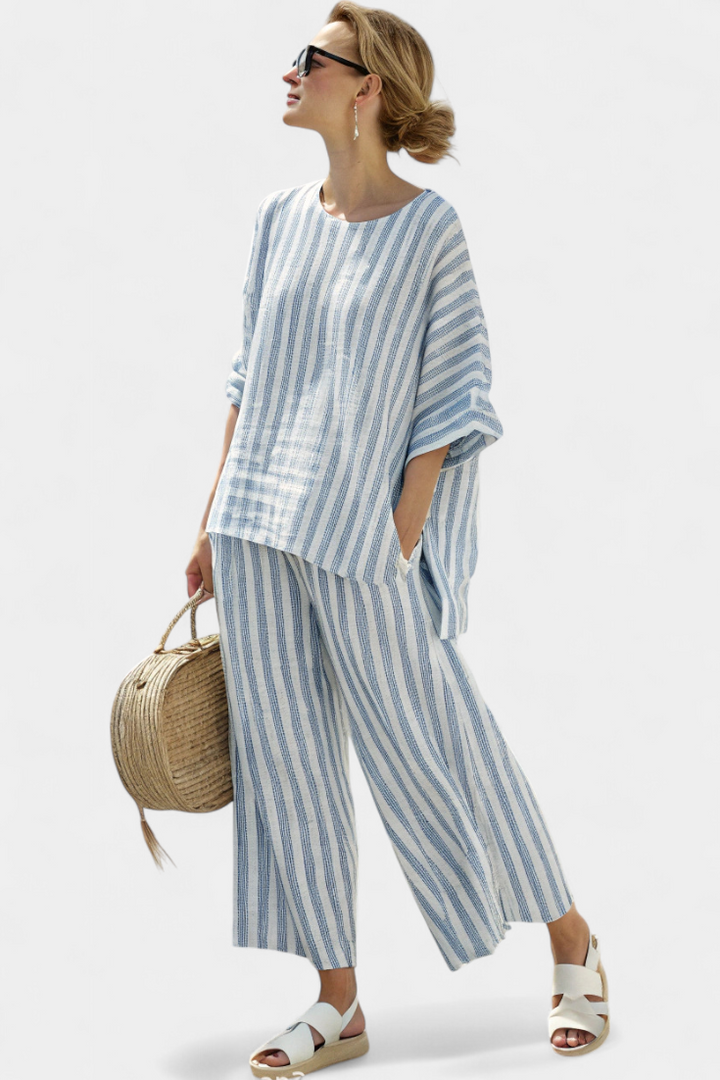 Kalea | Sophisticated Blue Striped Linen Top & Relaxed Trousers