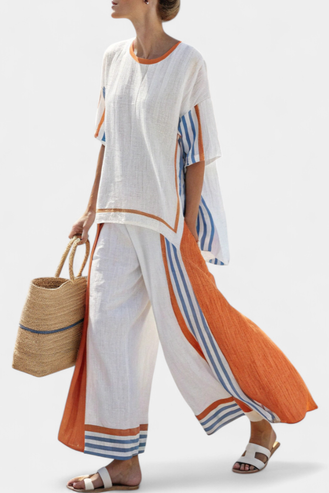 Calliope | Comfortable Wide-Leg Striped Trousers & Linen Top