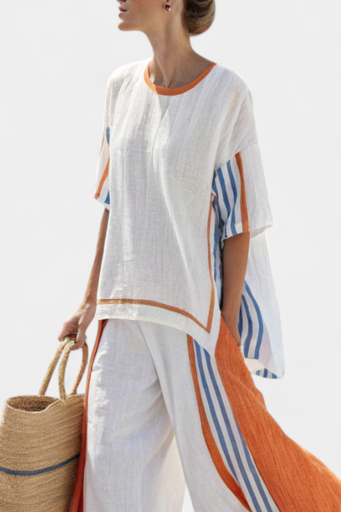 Calliope | Comfortable Wide-Leg Striped Trousers & Linen Top