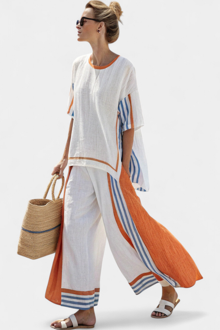 Calliope | Comfortable Wide-Leg Striped Trousers & Linen Top