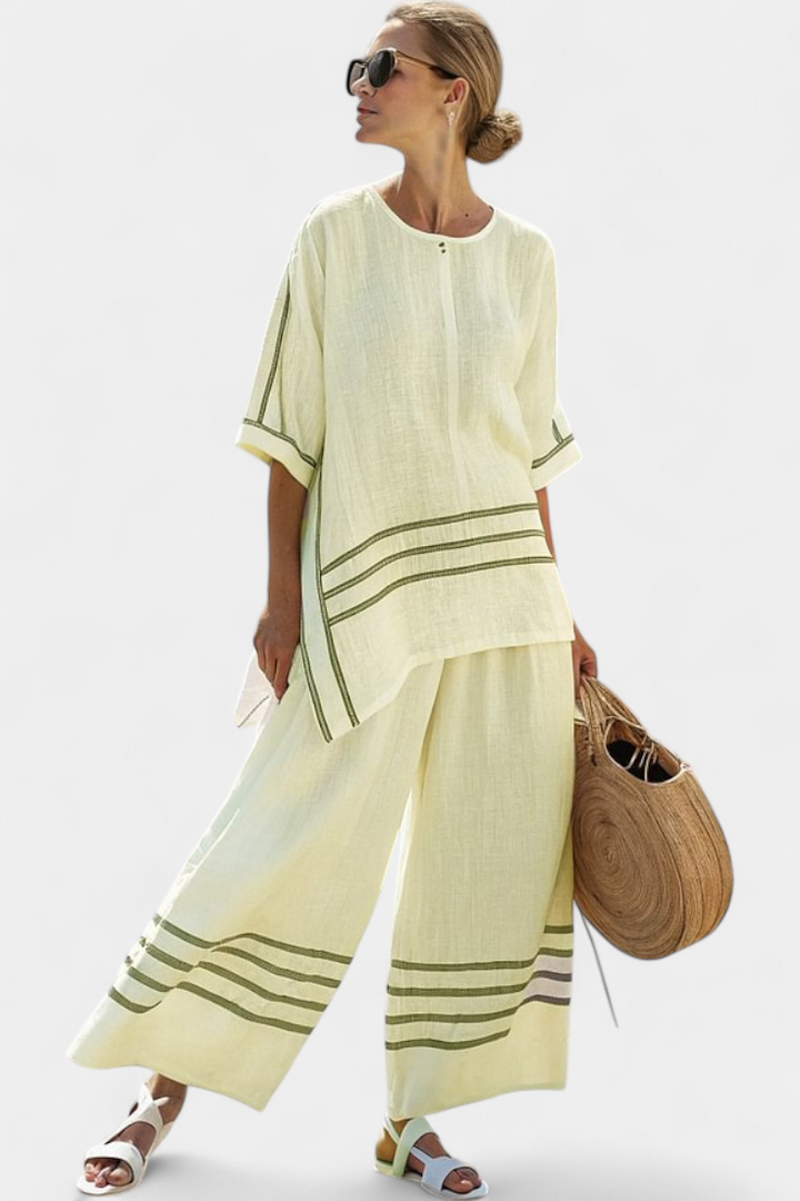 Adelyn | Sophisticated Striped Asymmetrical Top & Bold Trousers