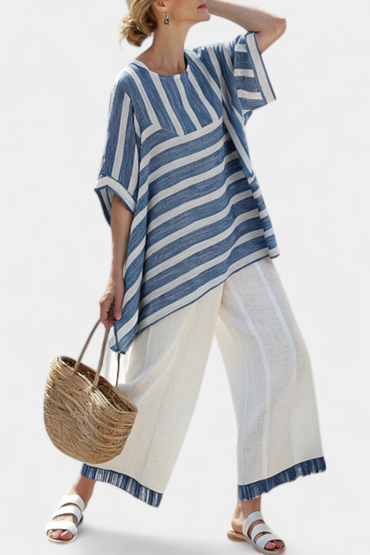 Lourdes | Sophisticated Blue Striped Top & Hem-Detailed Trousers
