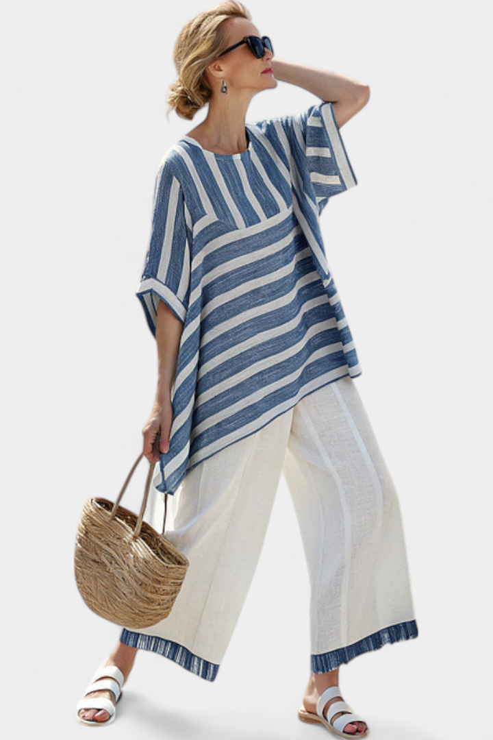 Lourdes | Sophisticated Blue Striped Top & Hem-Detailed Trousers