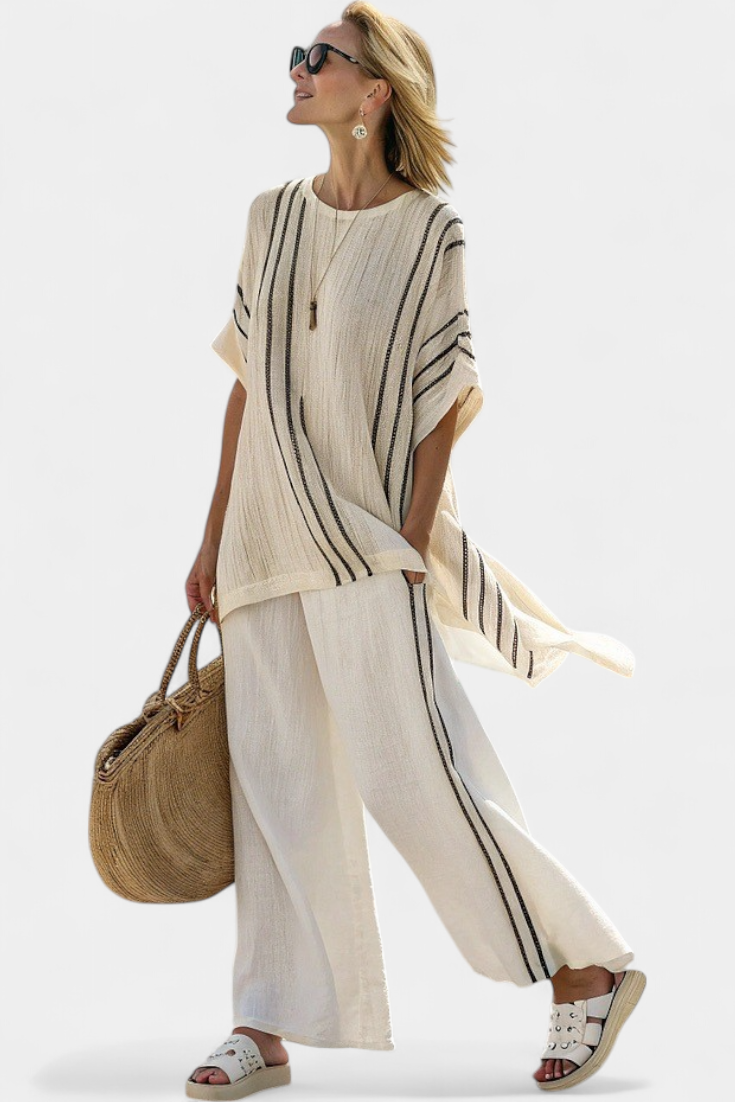 Emelia | Elegant Ivory Linen Blouse & Black Striped Trousers