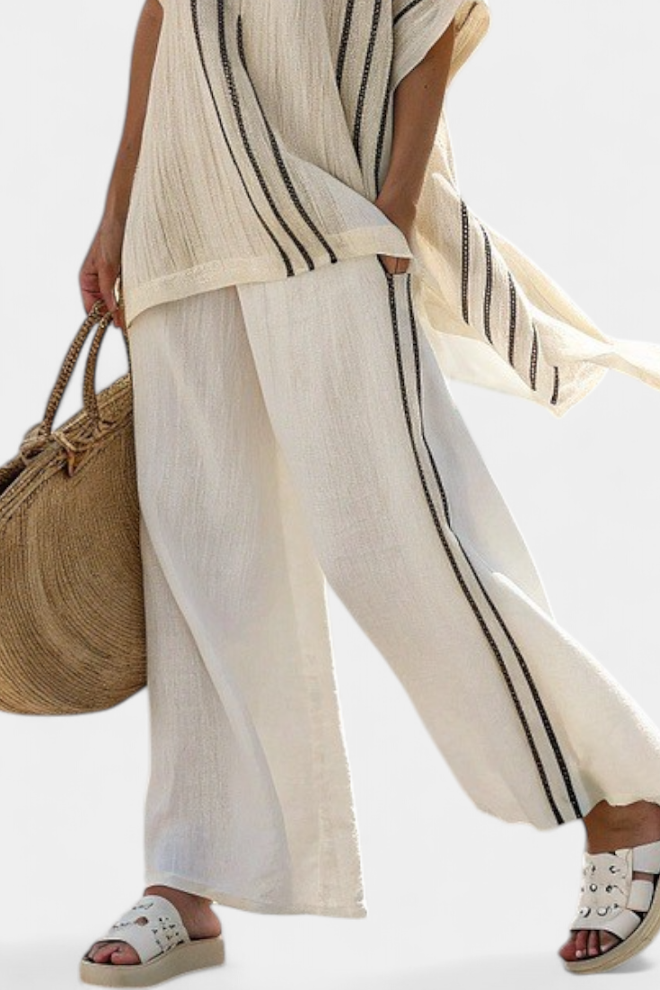 Emelia | Elegant Ivory Linen Blouse & Black Striped Trousers