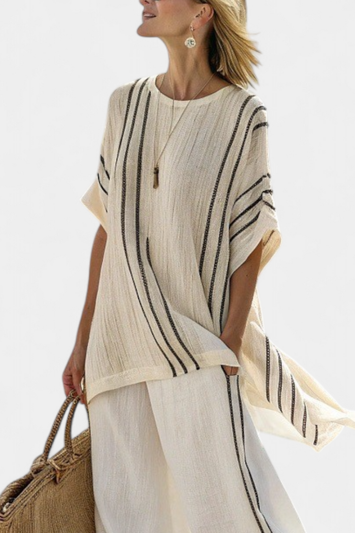 Emelia | Elegant Ivory Linen Blouse & Black Striped Trousers
