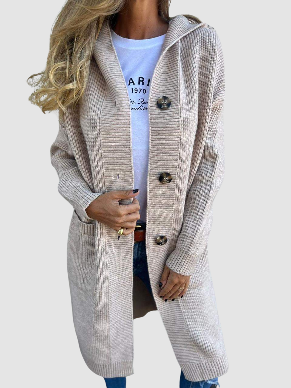 Geraldine – Hooded Knit Button-Up Cardigan