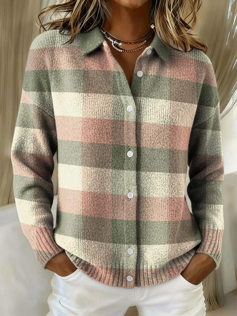 Lilian – Plaid Knit Button-Up Cardigan