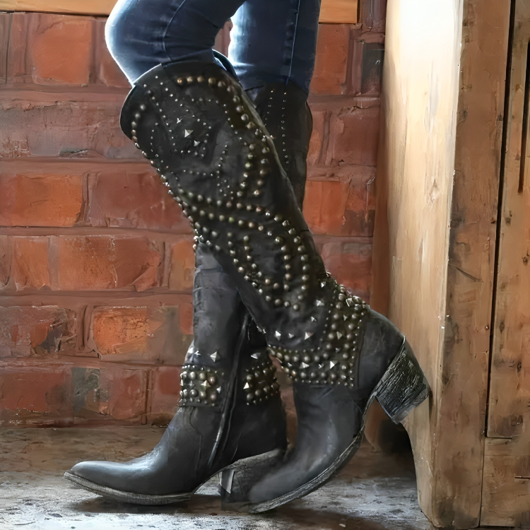 Martha – Studded Knee-High Western Boots