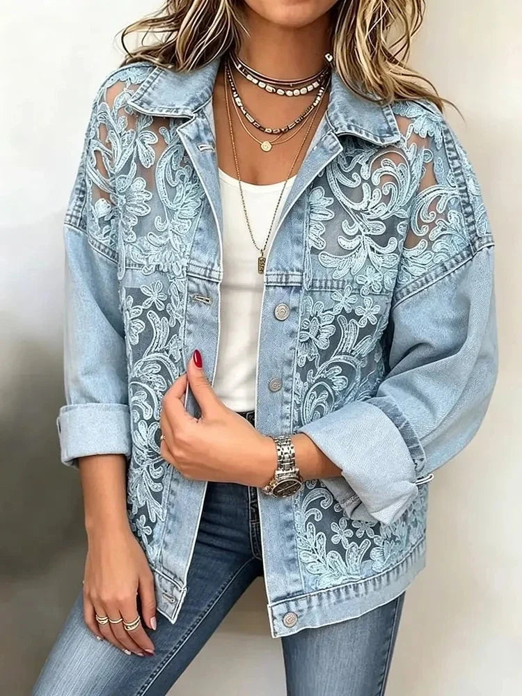 Annette – Floral Lace Panel Denim Jacket