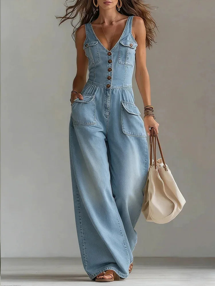 Roseanne – Wide Leg Denim-Look Jumpsuit