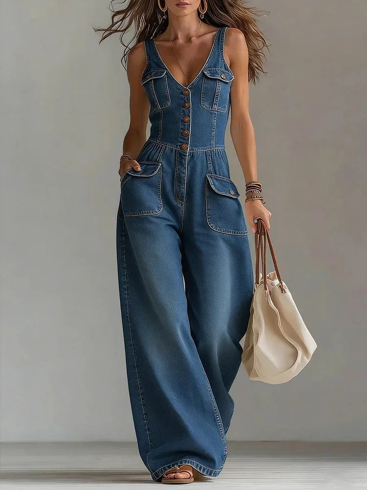 Roseanne – Wide Leg Denim-Look Jumpsuit