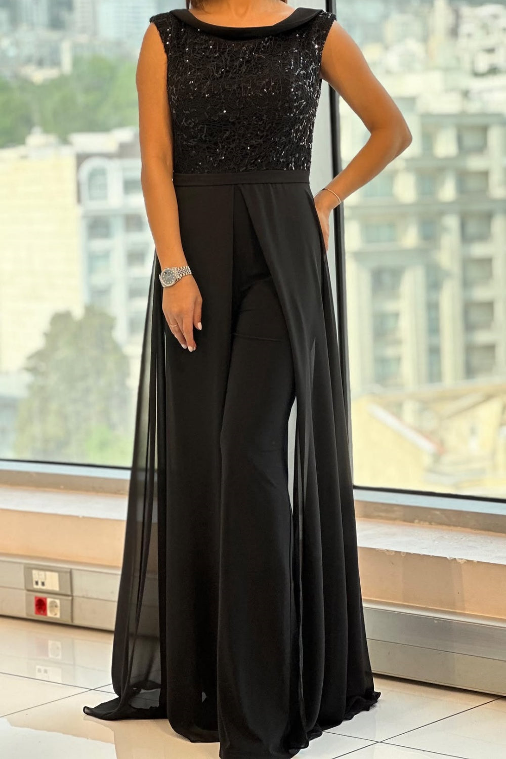Imelda – Sequin Bodice Jumpsuit with Chiffon Overlay