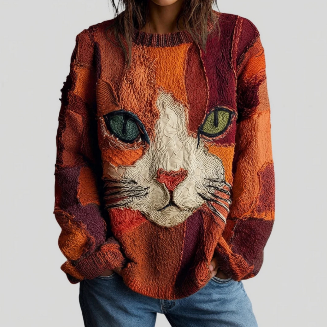 Carole – Artistic Cat Print Knit Jumper