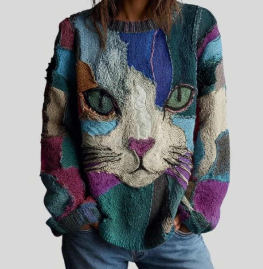 Carole – Artistic Cat Print Knit Jumper