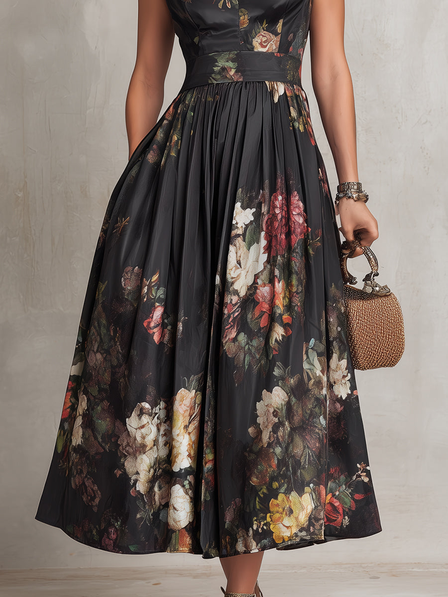 Tenley | Black Floral Satin Pleated Midi Dress