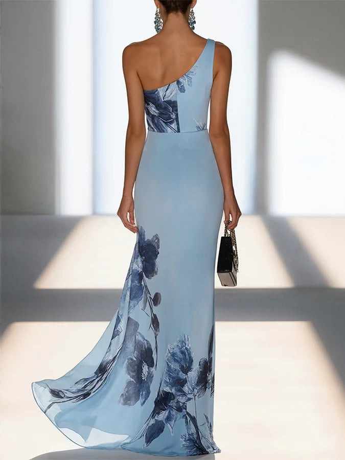 Briana | Satin Ink Print Off-Shoulder Maxi Dress