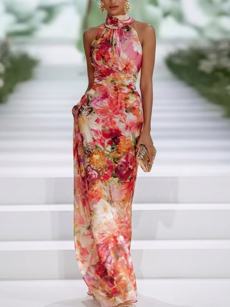Lavinia | Red Chiffon Floral Sleeveless Maxi Dress