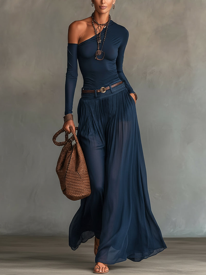 Carol | Navy One-Shoulder Top and Skirt Two-Piece Set (+ Free Belt)