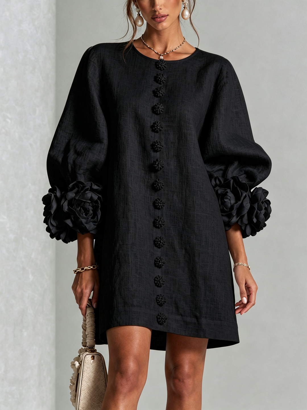 Polly – Floral Cuff Button-Front Mini Dress