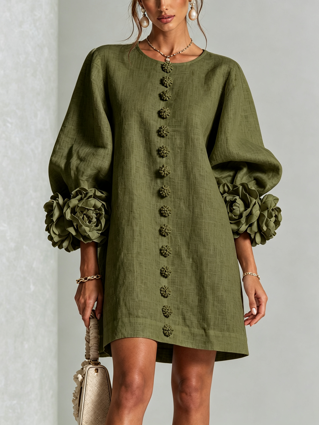 Polly – Floral Cuff Button-Front Mini Dress