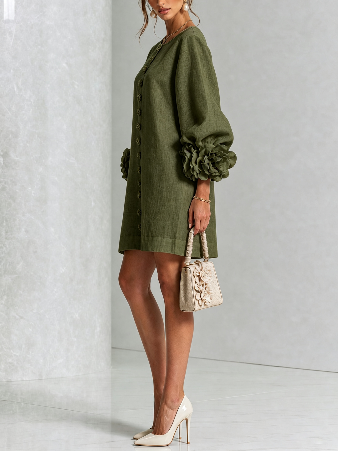 Polly – Floral Cuff Button-Front Mini Dress