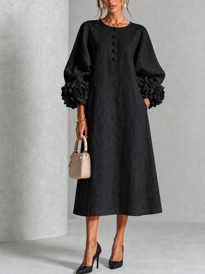 Olive – Linen-Look Midi Dress with Floral Cuffs