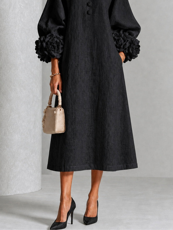 Olive – Linen-Look Midi Dress with Floral Cuffs