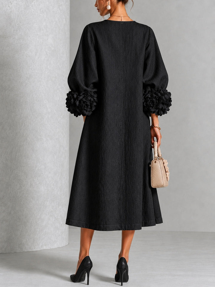Olive – Linen-Look Midi Dress with Floral Cuffs