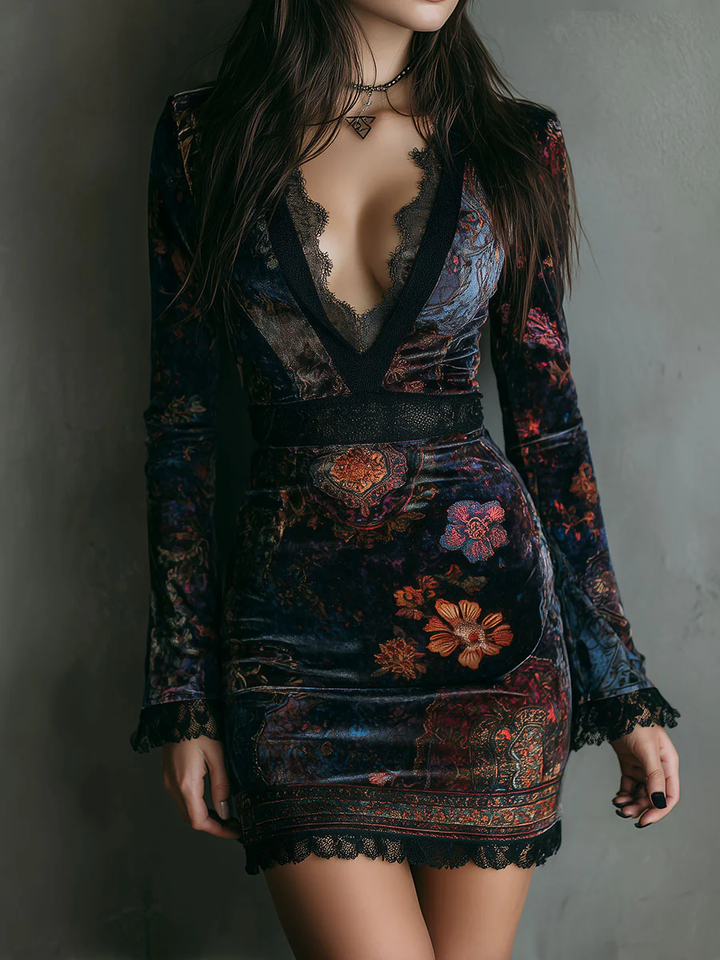 Emiline | Floral Print V-Neck Velvet Lace Trim Slim-Fit Mini Dress