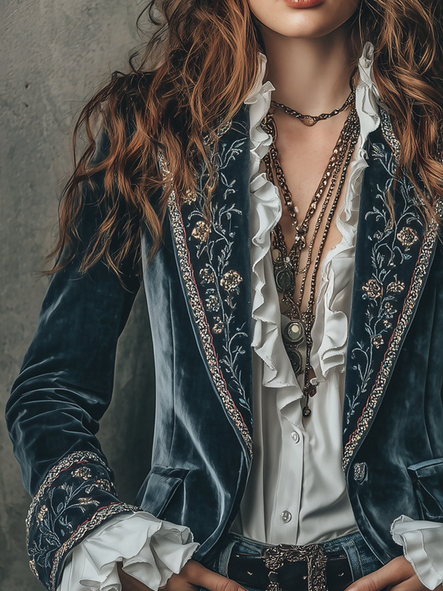 Marianne – Embroidered Velvet Blazer with Ruffle Cuffs