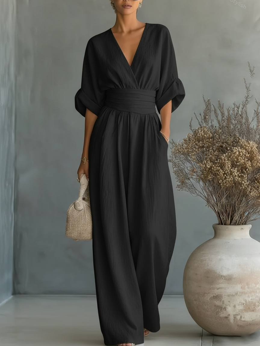 Beverley – Wide-Leg Belted V-Neck Jumpsuit