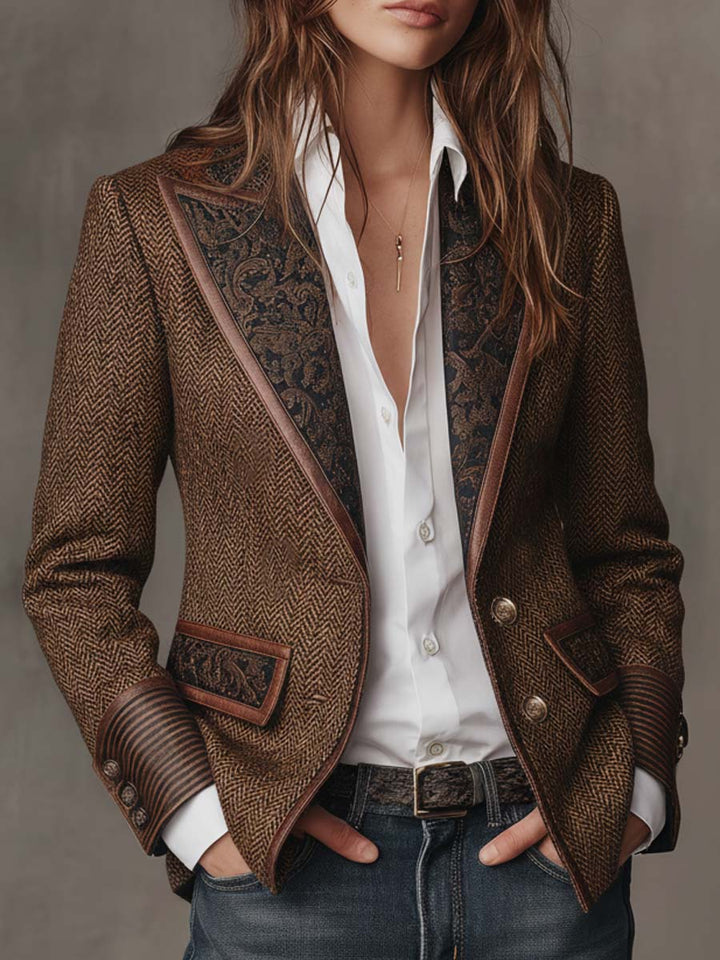 Esme – Herringbone Blazer with Printed Panels