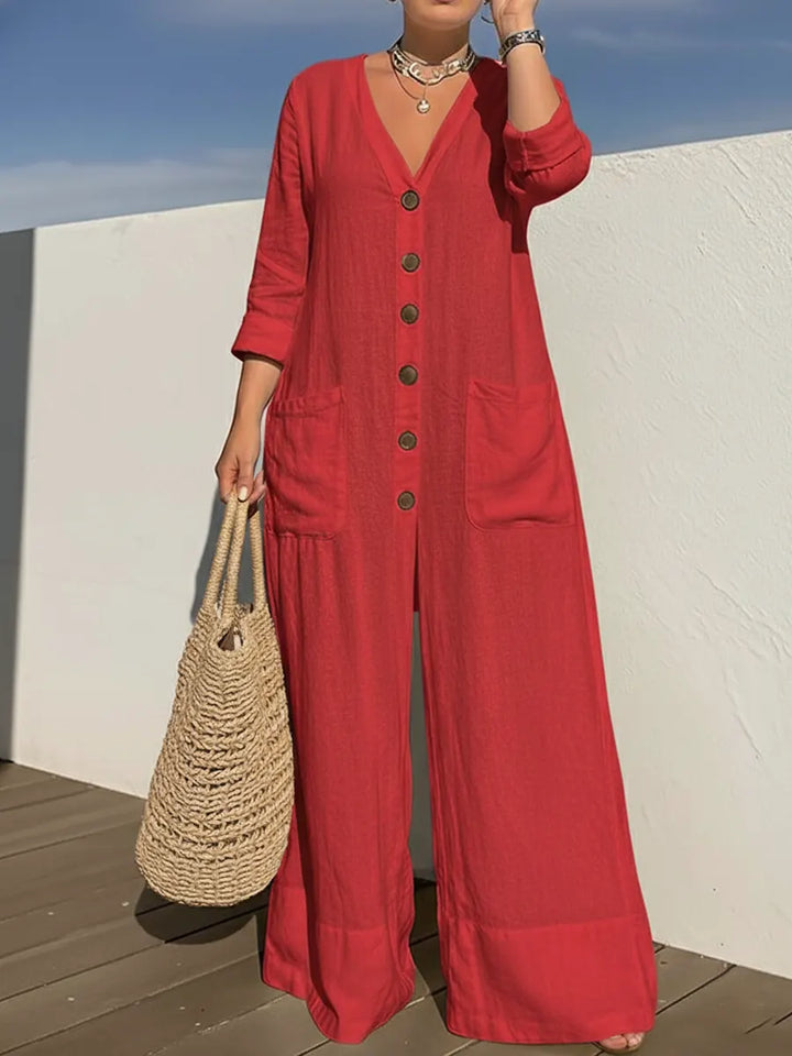 Minnie – Wide Leg Button-Front Linen-Look Jumpsuit