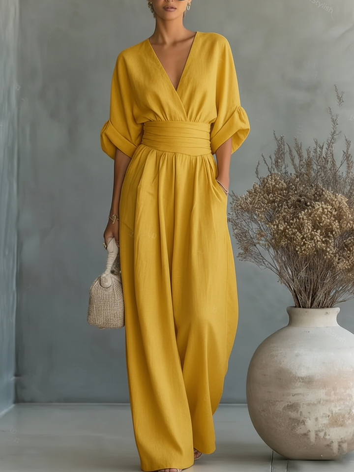 Beverley – Wide-Leg Belted V-Neck Jumpsuit