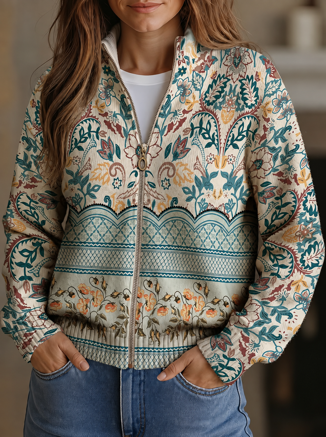 Pamela – Botanical Print Zip-Up Jacket