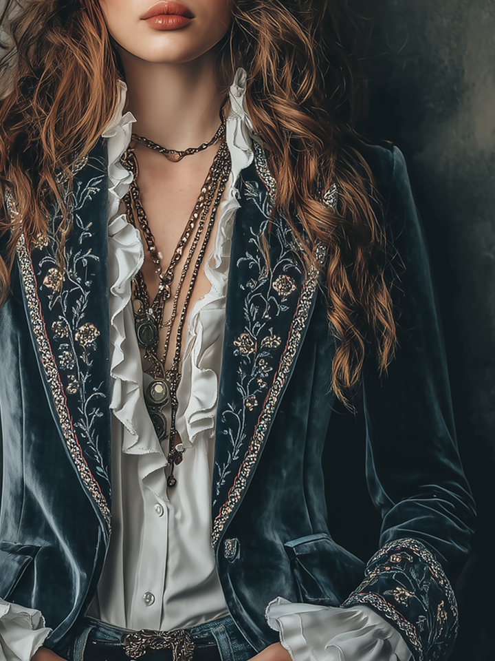 Marianne – Embroidered Velvet Blazer with Ruffle Cuffs