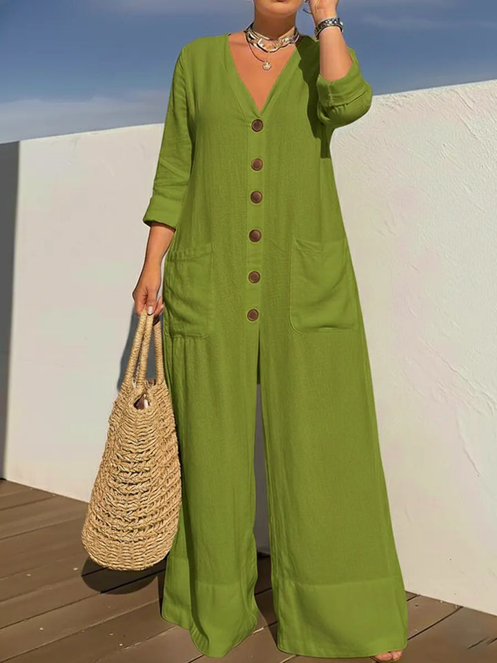 Minnie – Wide Leg Button-Front Linen-Look Jumpsuit