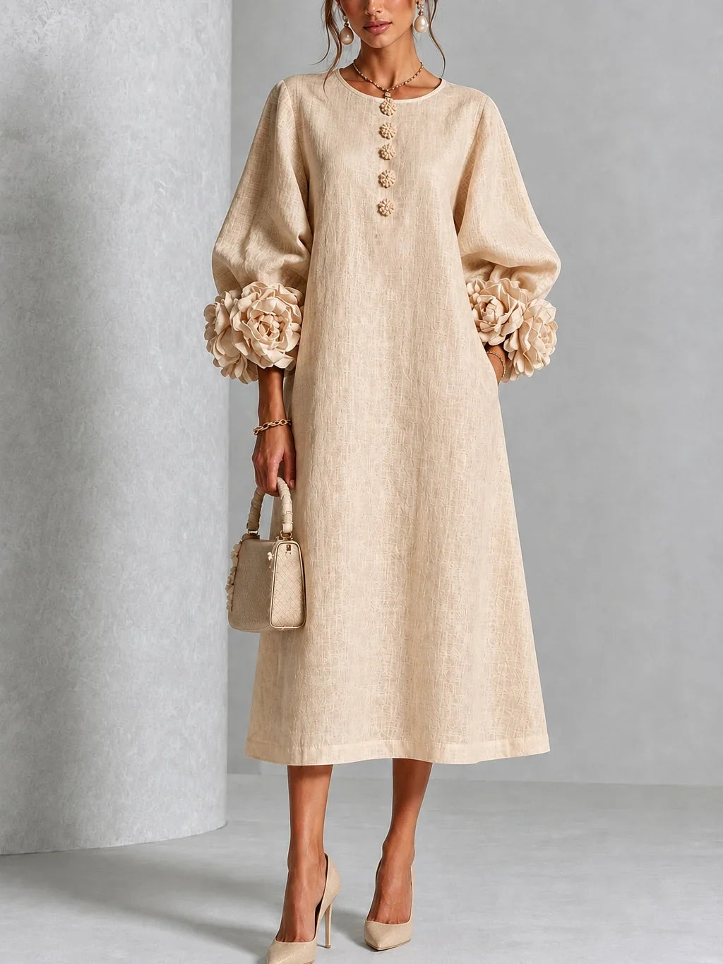Olive – Linen-Look Midi Dress with Floral Cuffs