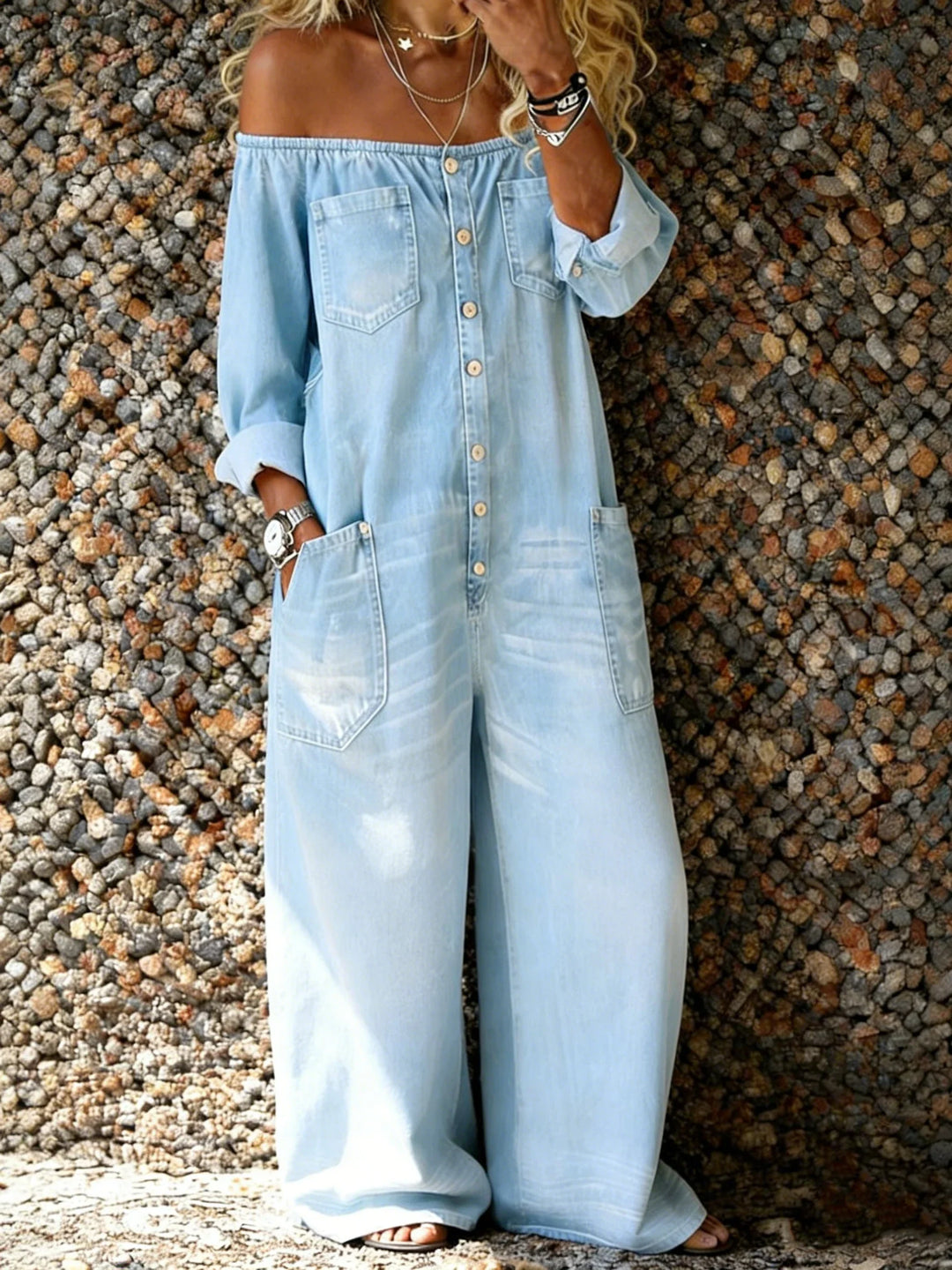 Elowen – Off-Shoulder Denim-Look Jumpsuit